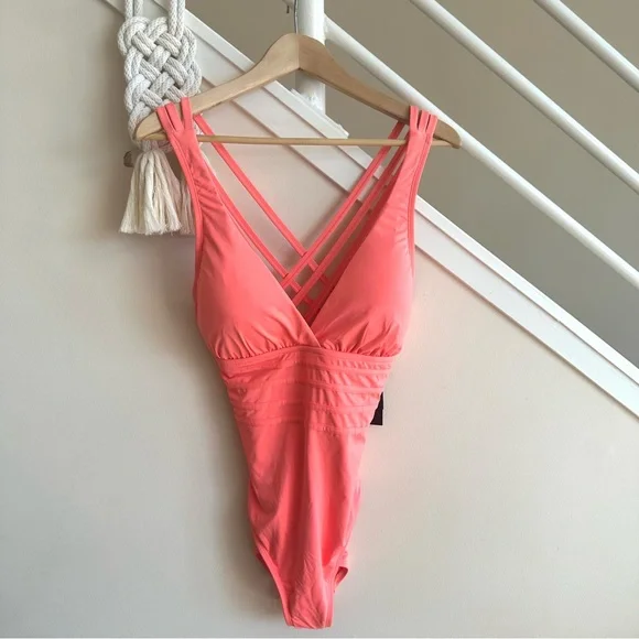 NWT La Blanca Island Goddess Criss Cross Back Strap One Piece Swim Orange Sz 14